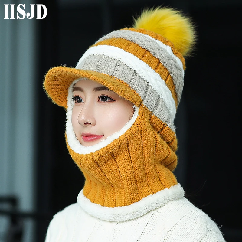 

New Stripe Women Winter Knitted Ski Masks Hats Pompom Caps Thickened lining Balaclava Face Knit Beanies Hat With Brim Female Cap