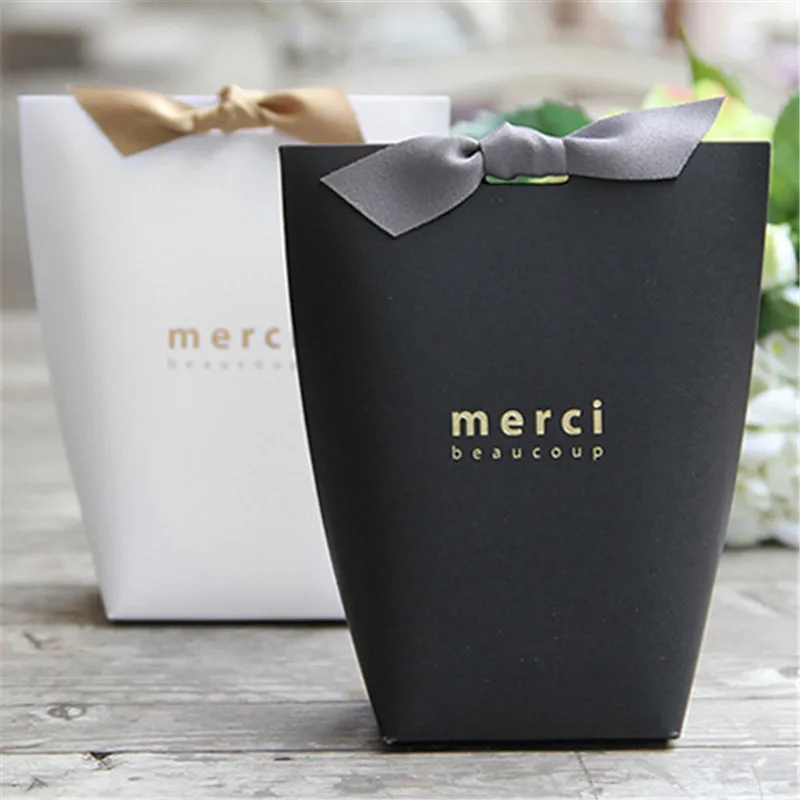 6 шт. черная белая крафт-бумага, сумка бронзовая французская "Мерси", подарочная упаковка, сувенир для свадебной вечеринки, конфетные пакеты с лентой