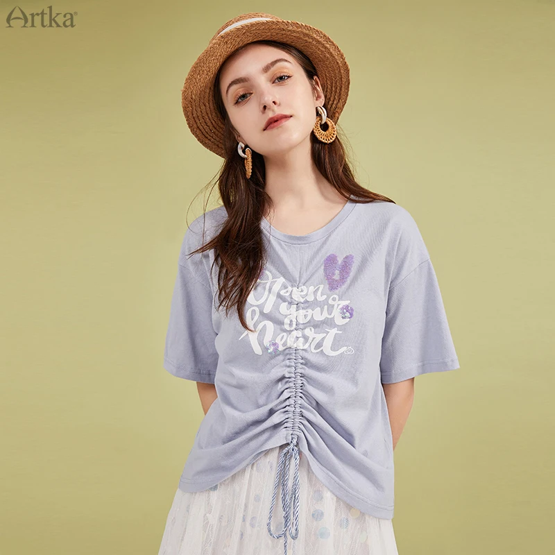 Женская футболка с блестками ARTKA белая свободная из чистого хлопка короткими