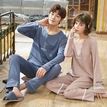 

Autumn and Winter Couple Pajamas Long-sleeved Cotton Pijama Feminino Men and Women Cartoon Korean Suit Casual Home Wear
