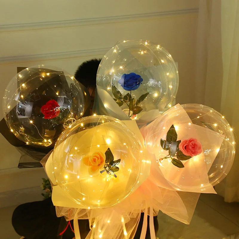 

2pcs Diy Led Light with Rose Flower Balloons Birthday Decoration Transparent Balls Valentine's Day Luminous Balloon Rose Bouquet