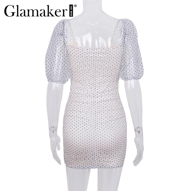 Glamaker, сексуальное Белое платье, бодикон, винтажное, в горошек, платье для вечеринки, женское, с открытой спиной, с рюшами, пышное, с короткими рукавами, Клубное, мини-платье для женщин