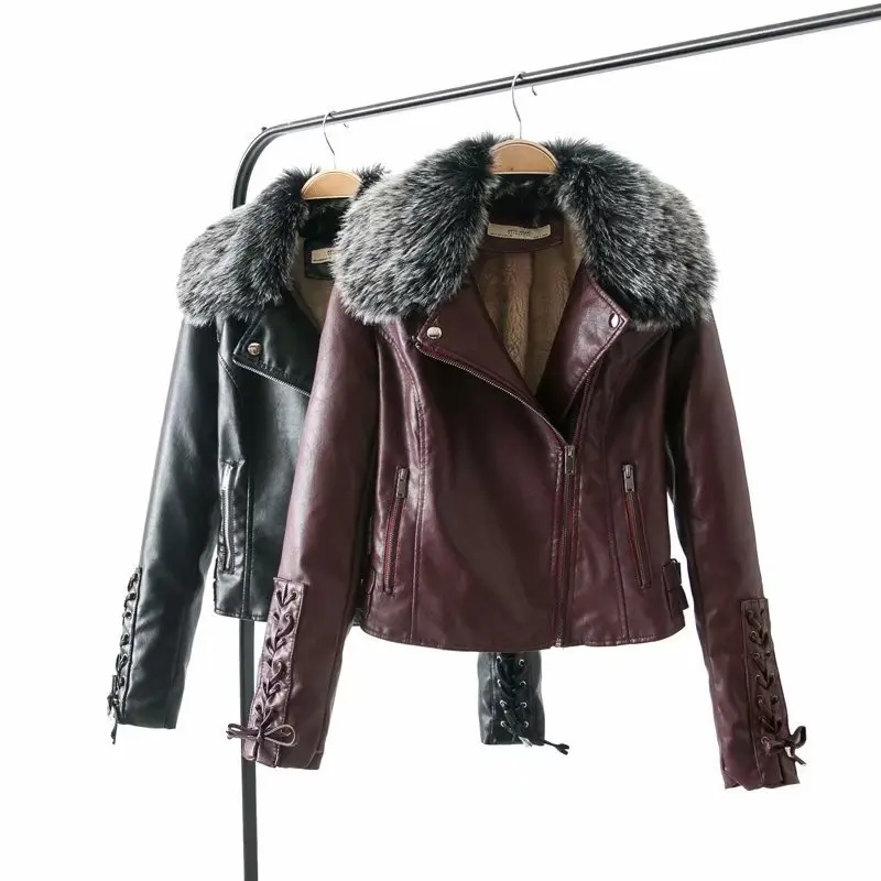 

2018 Western Style Autumn And Winter WOMEN'S Dress New Style Sleeves Eyelet And Furry Collar Leather Coat