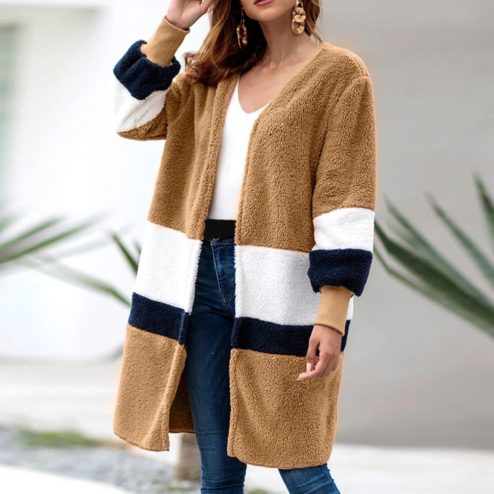 winter cardigan outerwear plush female striped coats streetwear