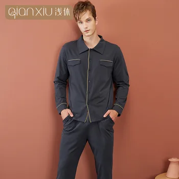 

Qianxiu 2020 Autumn New Style Men Fold-down Collar Cardigan Home Furnishing Large Size Household Pajamas Manufacturers Wholesale