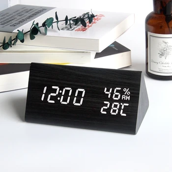

LED voice control digital clock temperature and humidity display wooden alarm clock USB can set fixed time table clock