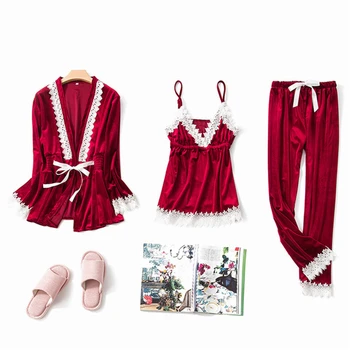 

Sling pajamas trousers home service new solid color gold velvet three-piece pajamas women's lace sweet and lovely pajamas халат