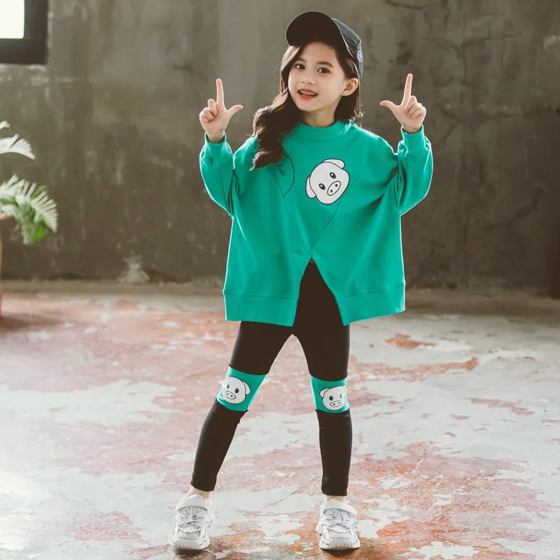 Комплект одежды для девочек-подростков, детская одежда спортивный костюм школьный костюм для маленьких девочек хлопковый свитер для девочек, футболка+ леггинсы, 2 предмета - Цвет: Зеленый