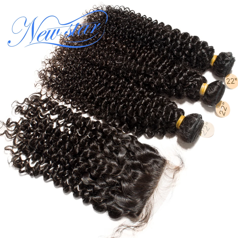 Brazilian Afro Kinky Curly Virgin Hair 3 Bundles Weaving With Lace 4x4 Closure New Star Human Hair Product And Free Part Closure