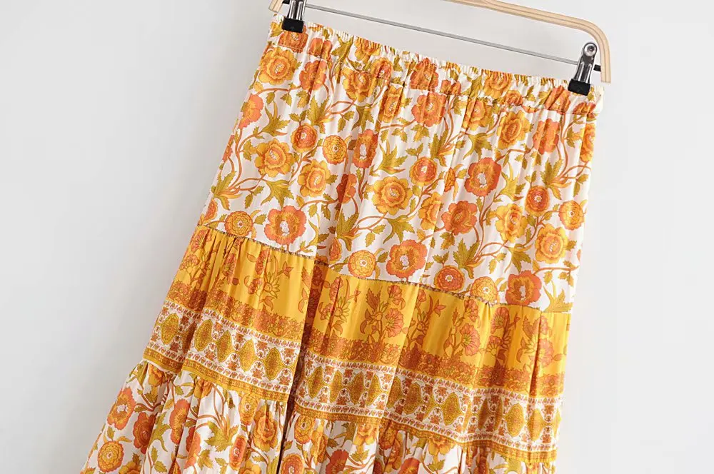 Европа и Америка Весна и лето стиль оранжевая юбка с принтом подсолнуха эластичная талия средней длины платье C6-0363