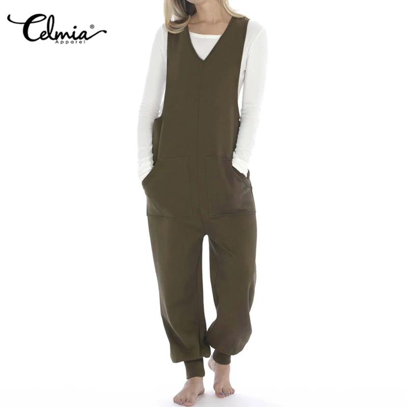 

Women Jumpsuits Celmia Casual Vintage Knitted Elastic Celmia Summer Solid Romper Plus Size V neck Pantalon Femme Bodysuits 2020