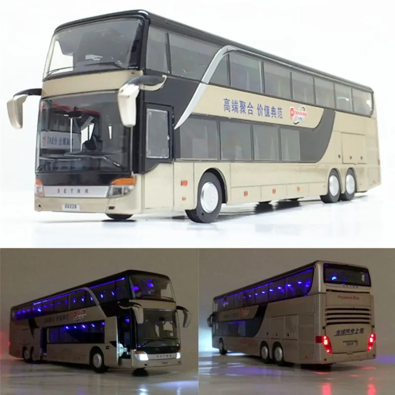 1/32 Diecasts сплав с откидной спинкой высокая имитация двухслойная вспышка открытая дверь музыка экскурсионный автобус модель автомобиля игрушка для детей