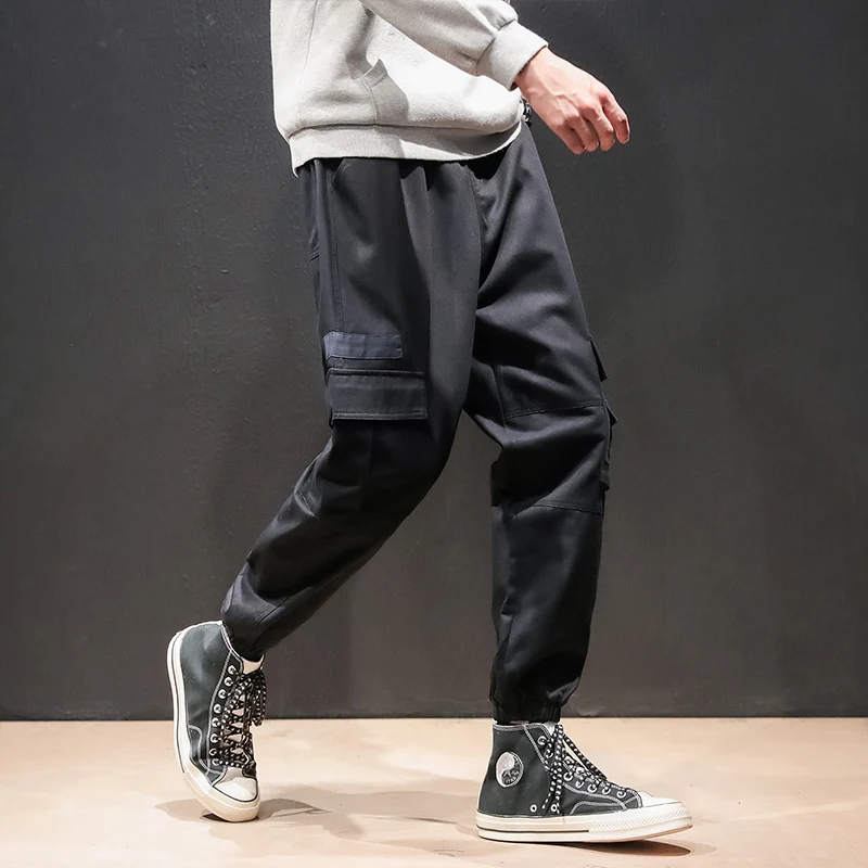 Модные черные однотонные классические брюки-карго в стиле ретро, мужские брюки в стиле Харадзюку, прямые брюки-шаровары с принтом