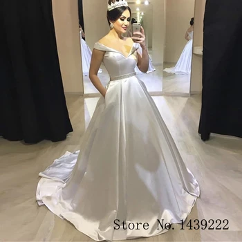 

New Arrival Satin Bridal Gown Wedding Dresses Beads Belt Off The Shoudler Vestidos de Noivas Custom Made White