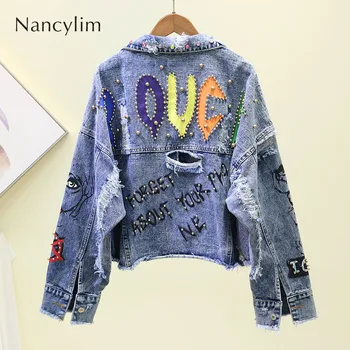 

Street Denim Jacket for Women 2019 Autumn New Graffiti Cowboy Short Coat Female Personality Hole Rivet Drill Ripped Jean Jackets