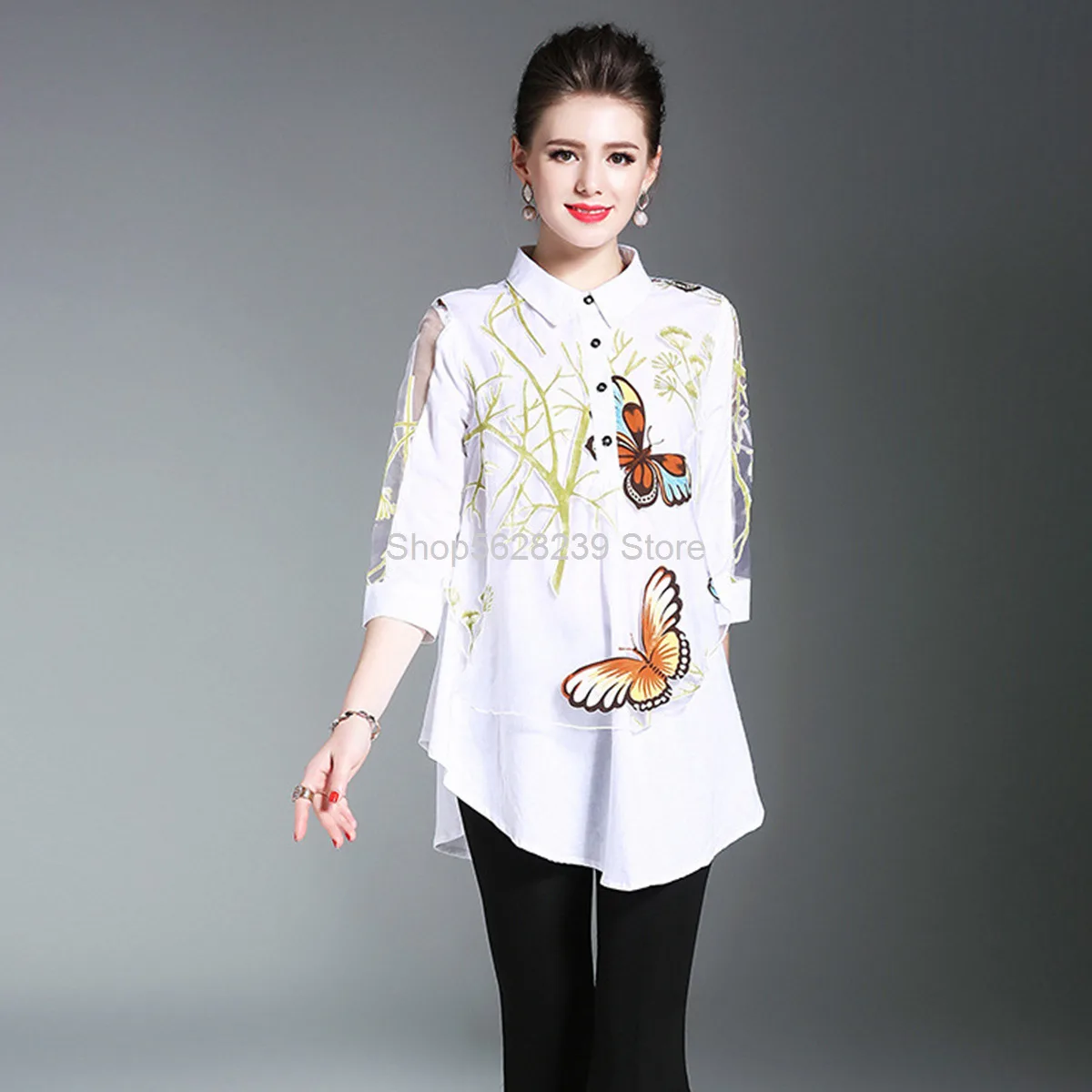 

2020 Season Loose Big Code Shirt Butterfly Printing Seven Points Sleeve Dovetail Pendulum Lady On