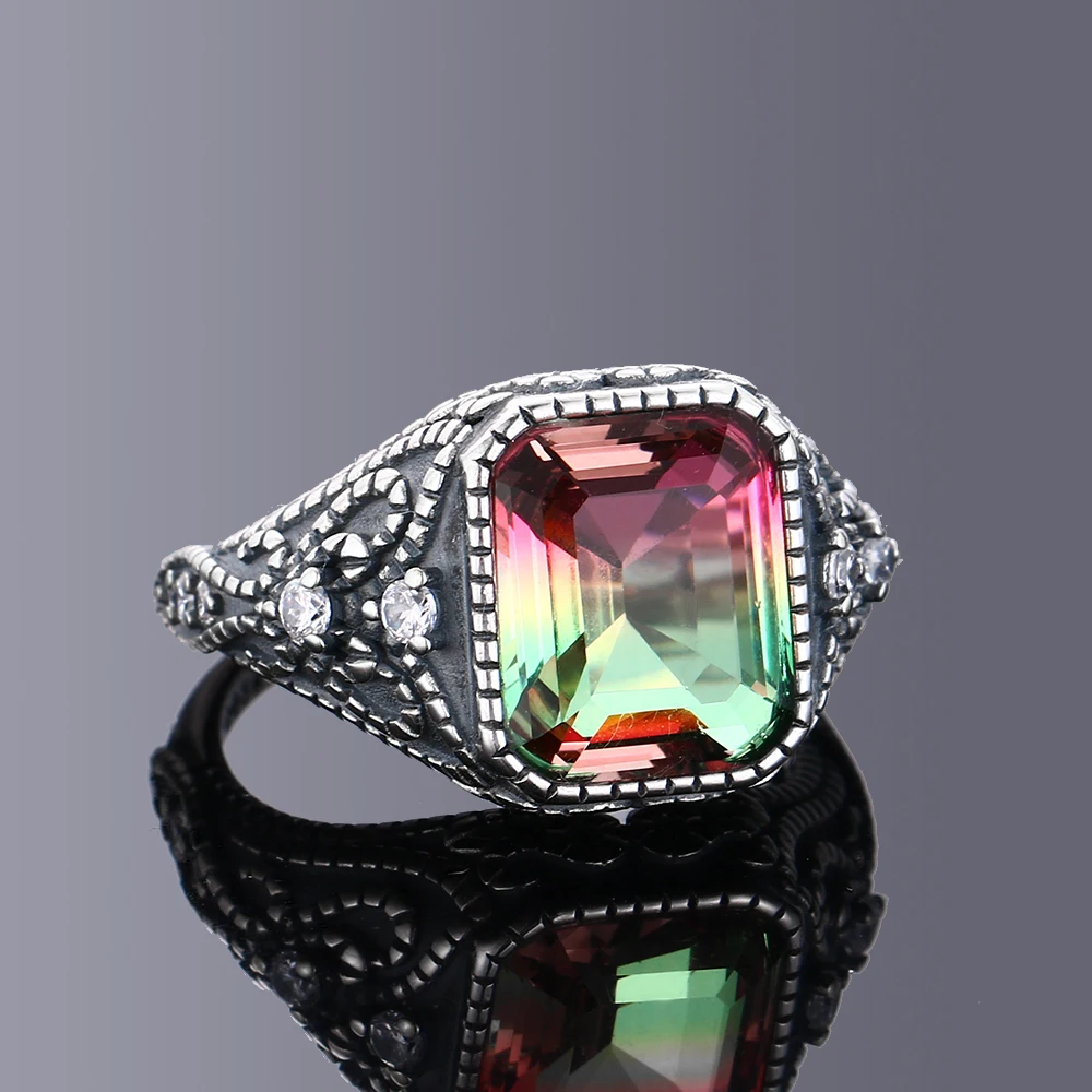 Multicolor Large Rectangular 10 * 12MM Turquoise Ring Female Engagement Wedding Party Jewelry Vintage Fine Jewelry