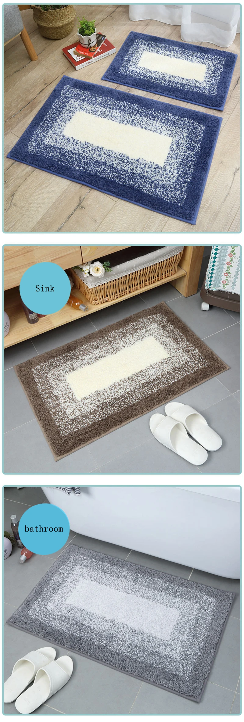 Bathroom Rug Solid Color Gradient Simple Soft Comfortable Short Plush Rectangular Carpet