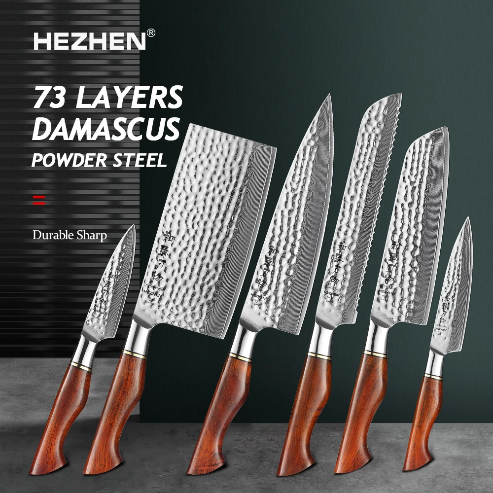 

HEZHEN 1-6PC Kitchen Knife Set Vacuum & Deep Freezer Heat Treatment 73 Layers Powder Damascus Steel Chef Cooking Tools