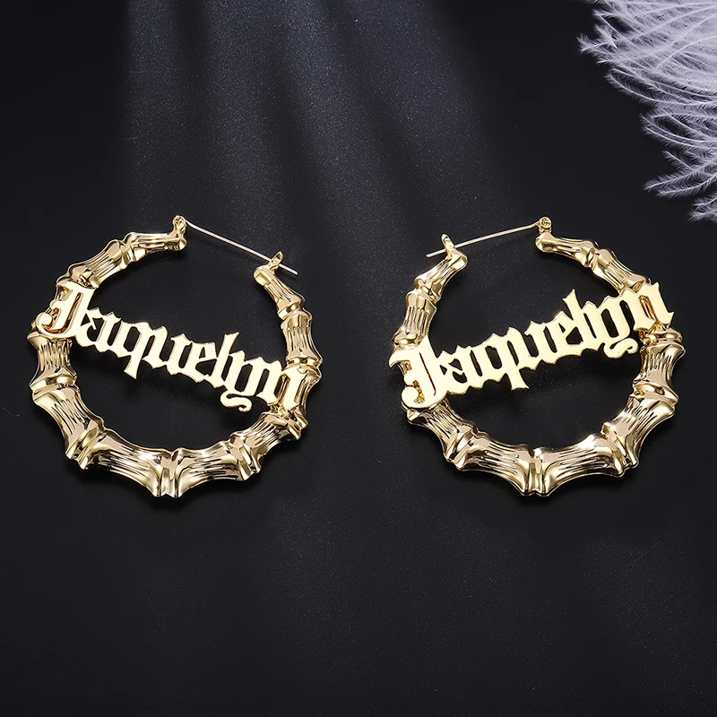 Hoop-Earrings Bamboo-Style Customize Stainless-Steel Name with Statement Words-Numbers