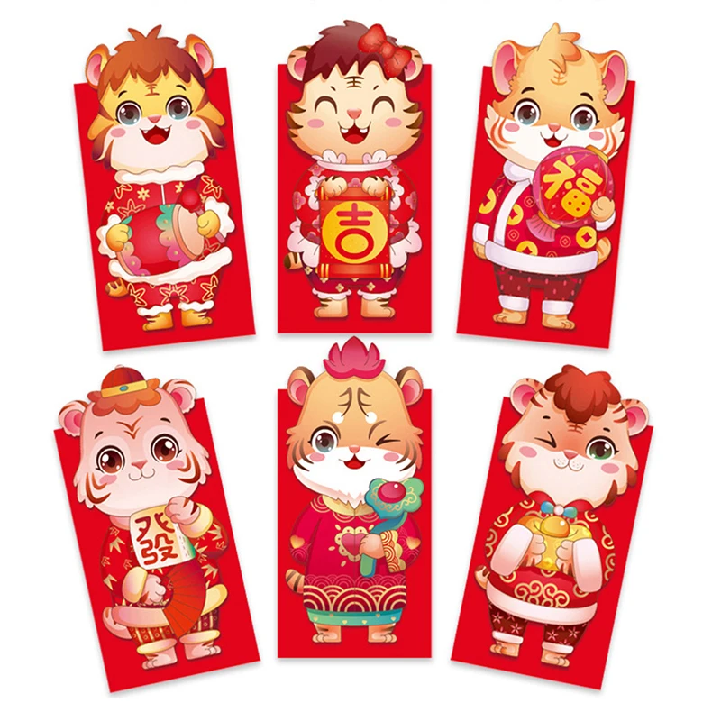 6Pcs 2022 Chinese New Year of Tiger Red Envelopes Lucky Spring Festival Money Pockets
