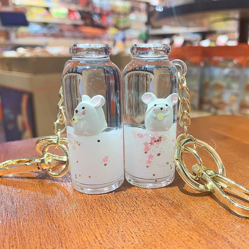 

Fashion Moving Liquid keychain floating mouse quicksand bottle Key Chains women bag pendant Lovely car keyring key holder gifts