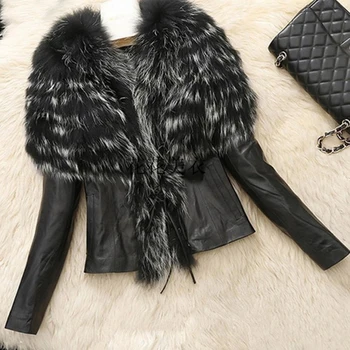 

2020 women thick winter PU leather jackets with big fur collar plus size warm female coat causal solid outwear chaqueta de cuero