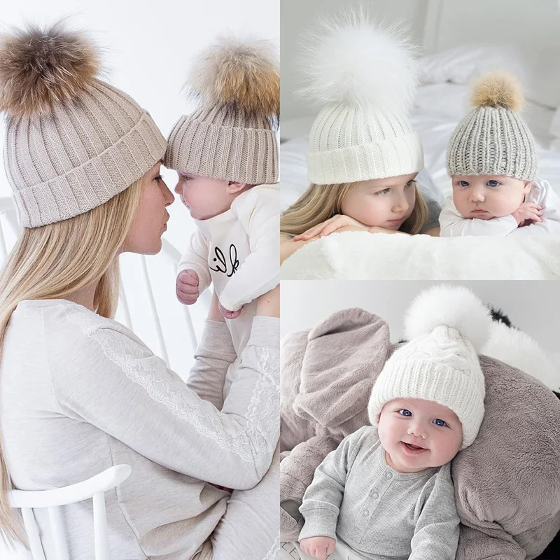 Зимняя теплая шерсть для мамы и детей, Меховая детская шапка с помпонами, Детская вязанная хлопковая шапка, зимняя шапочка