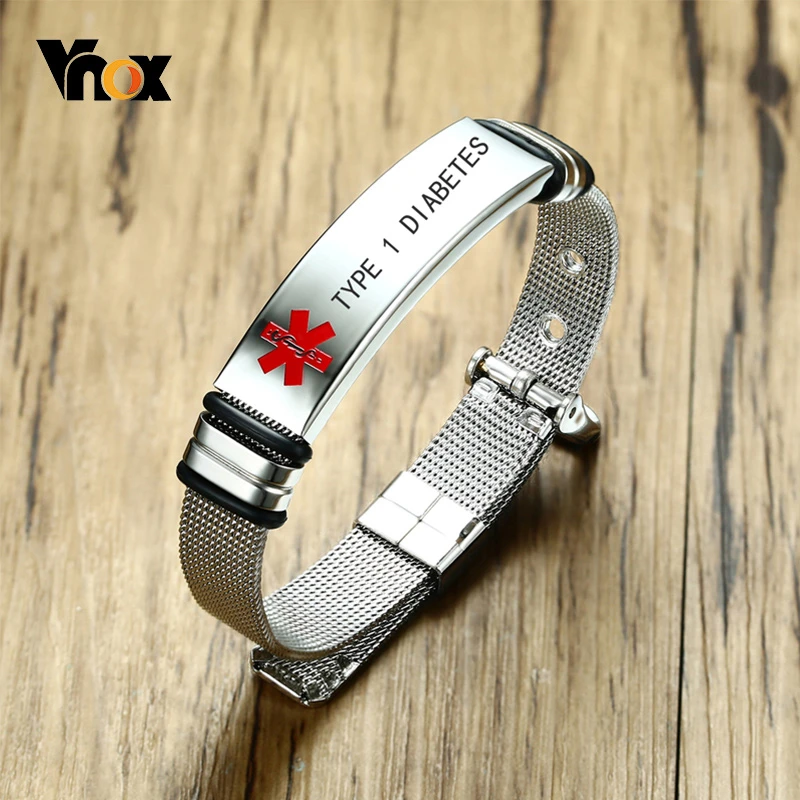 

Vnox Personalized Engraved TYPE 1 DIABETES Medical Alert ID Bracelets for Men Women Length Adjustable Emergency Reminder Jewelry