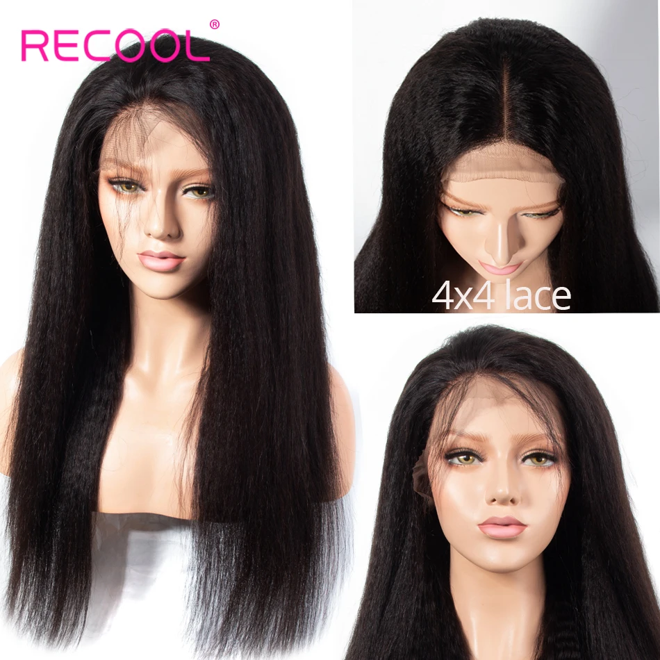 

Recool Kinky Straight Wig 4X4 Lace Closure Human Hair Wigs For Black Women Brazilian lace Wig Pre Plucked Yaki Human Hair Wig