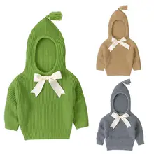 Зимняя вязаная для маленьких девочек, однотонный пуловер с капюшоном и бантом для детей от 0 до 24 месяцев теплый свитер верхняя накидка, 3 цвета