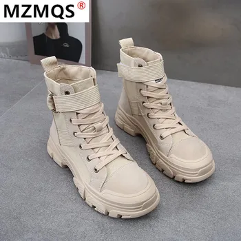

2020 Winter Women's Boots Fashion Lace-up Square Heel Women's Boots Round Head Low Heel Buckle PU Ankle Boots Zapatos De Mujer