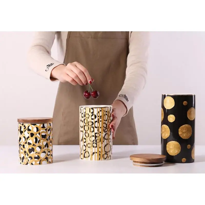 Geometric Storage Box Ceramic Wood Lid Storage Bottle Jars For Spices Slimes Cosmetics Kitchen Container Potes De Cozinha Bank
