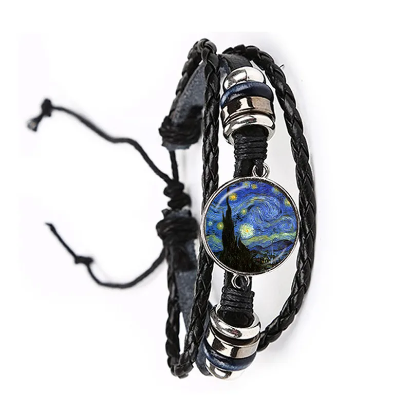 

Fashion Simple Style Leather Bracelet Van Gogh Famous Artist Starry Night Adjustable Bangle Glass Cabochon Jewelry For Women Men