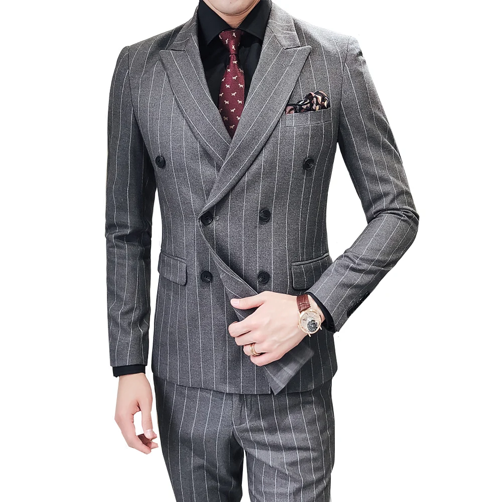 

Men's Suits Stripe Gray Blazer Double Breasted Luxury British style suits jacket Custom Tailor Blazer Suits For Male 2 pieces