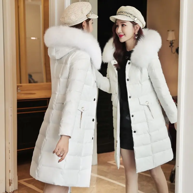 white Зимние женские пальто куртка из искусственной кожи воротник из лисьего меха 40%-50% белый утиный пух женский пуховик теплые парки верхняя одежда средней длины - Цвет: white