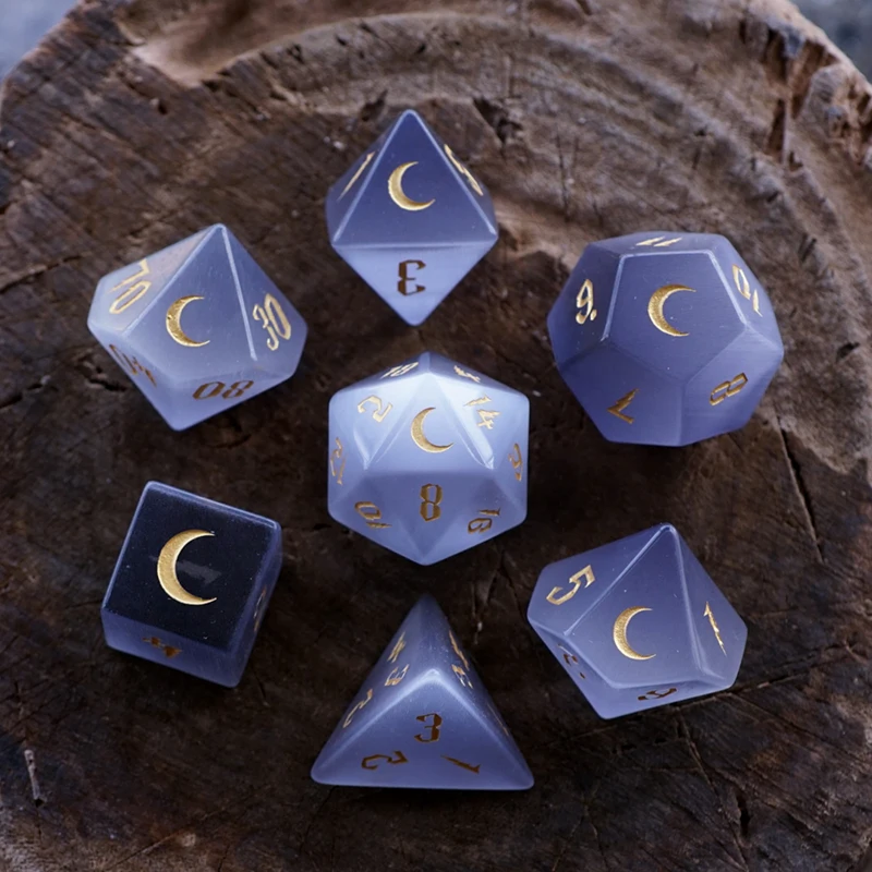 

Gray Cat's Eye Stone Polyhedral DND Dice Set Handmade Engraved Moon Logo Stone Beads D&D D20 Dice For RPG COC Table Games Gift