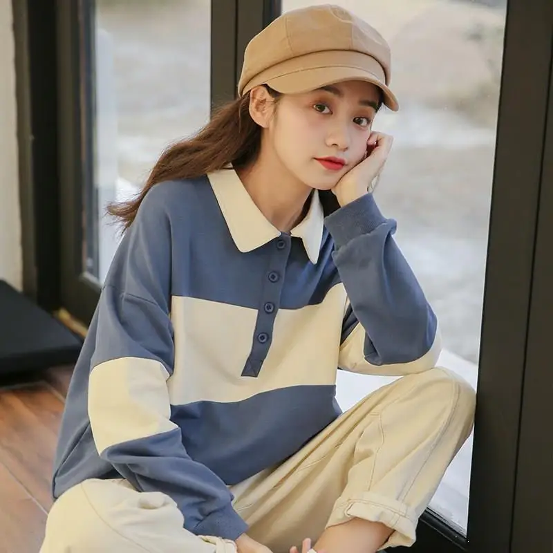 Hot Sale Fashion Spring Fall Women Color Block Patchwork Casual Pullovers Sweatshirts Korean Long Sleeve Sweatshirts