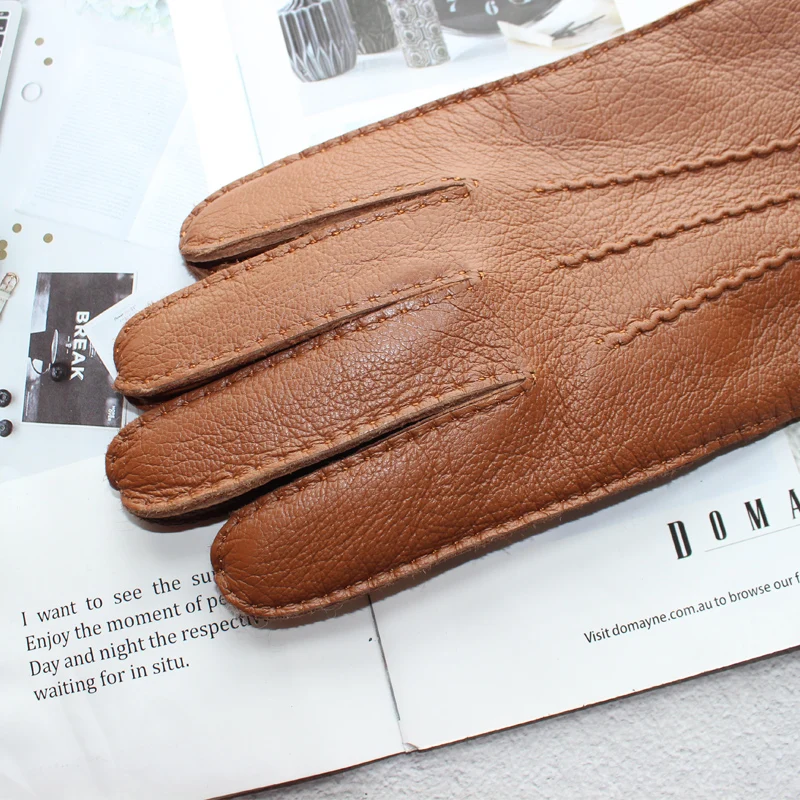 New hand-stitched touch screen leather men's deerskin gloves Wool knit lining black corrugated driving gloves