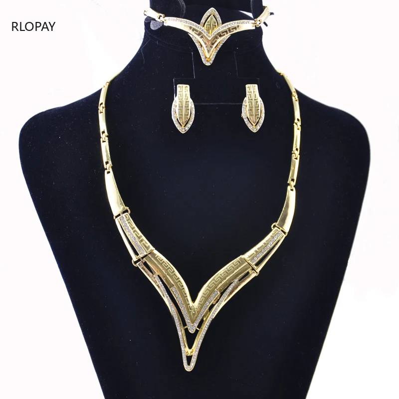 

4PCS Set Dubai Gold Jewelry Sets for Women Necklace/Earrings/Ring/Bracelet with Crystals New Model Necklace Set