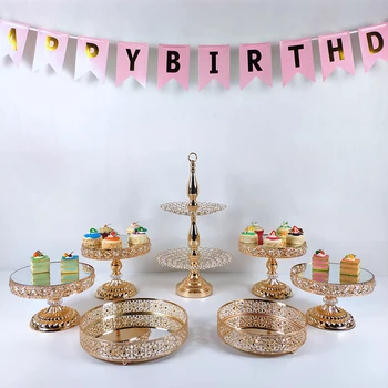 

Golden Crystal Cake Stand Electroplating Mirror Face Home Wedding Party Decor Cupcake Stand Tray