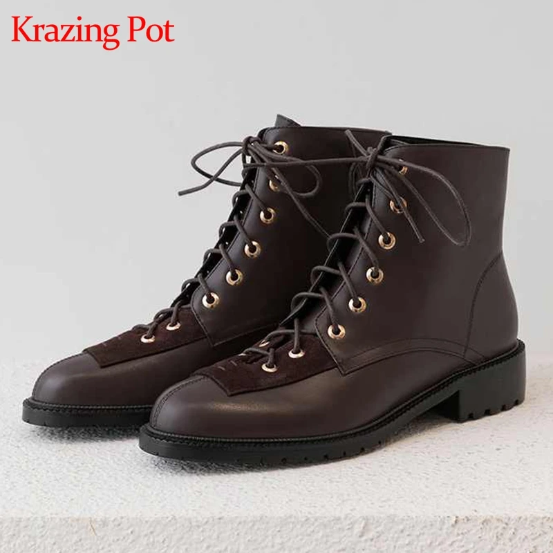 Krazing pot/Новые ботильоны из натуральной кожи со шнуровкой в Европейском стиле, в сдержанном стиле, нейтральный дизайн, с заклепками, с круглым носком, на среднем каблуке, L18