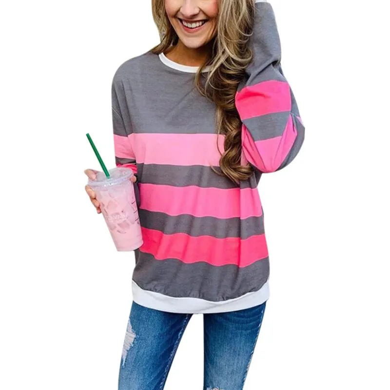 

Women Simple Spring Striped Sweatshirt Autumn Loose Round Collar Long Sleeve Sweatshirt Colorful Matching Top