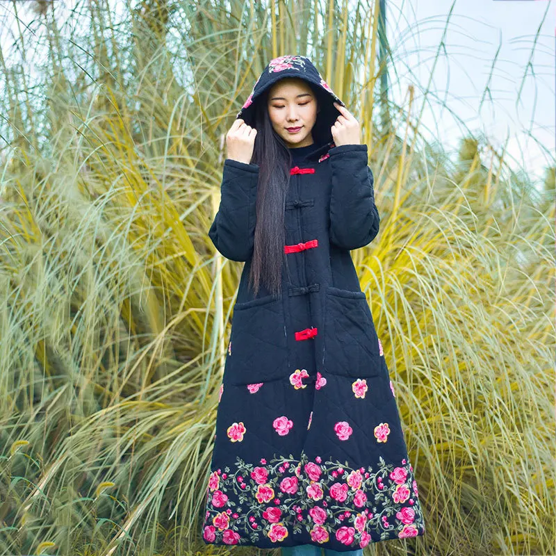 

2019 Autumn And Winter New Style Embroidered Pocket Cap A- type Slim Fit Cotton Coat Retro Literature And Art National Style Cot