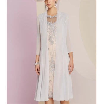 

Silver/Pink Wonderful Lace Women's Dresses 3/4 Sleeves vestidos de novia 2019 mother of the bride dresses plus size With Jacket