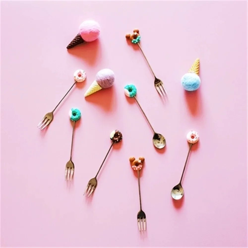 Golden Spoon Fork 304 Stainless Steel Mickey Dounts Coffee Dessert Tea Ice Cream Spoons Forks Stirring Cute Cartoon Teaspoon