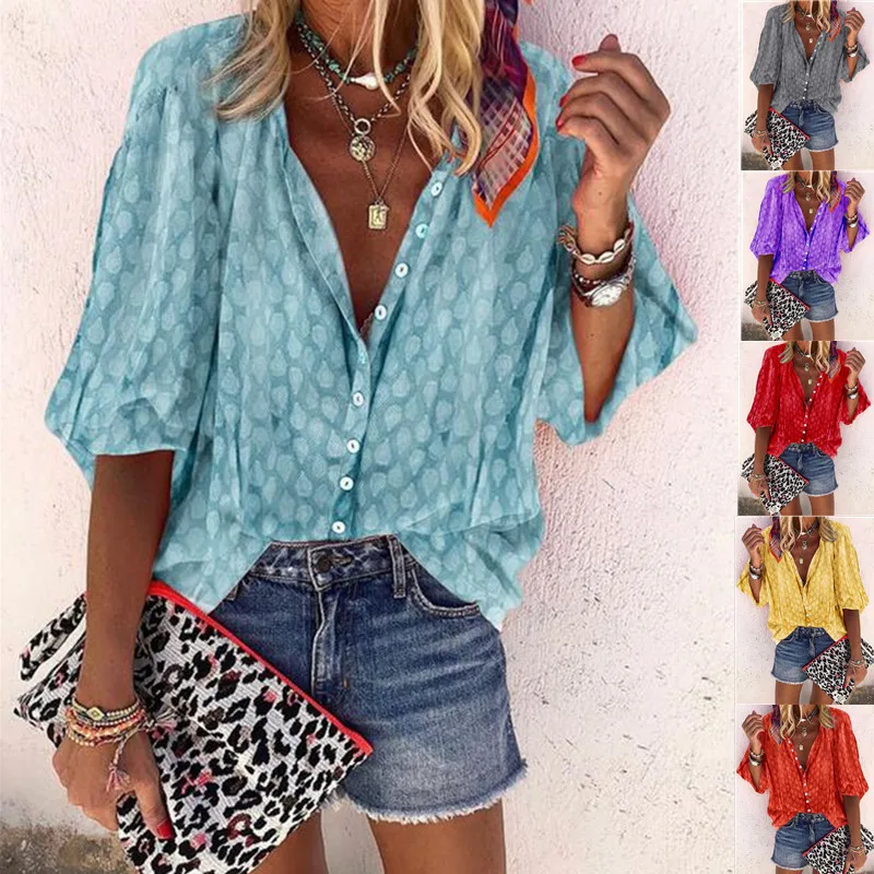 

Large size ladies shirt 2019 autumn new print Top stand collar five-point sleeve women's blouses