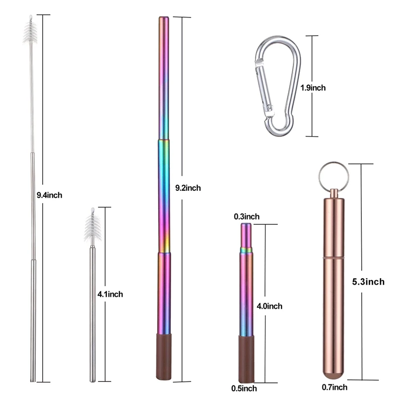 Складные Многоразовые трубочки, портативная металлическая соломинка из нержавеющей стали, дорожная телескопическая соломинка для питья, чехол с кистью и брелоком