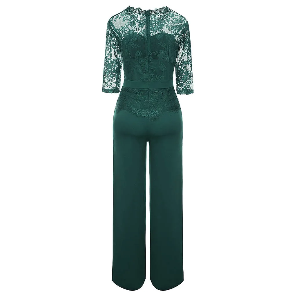 Ladies' Sexy O-neck Three Quarter Sleeve Party And Evening Casual Lace Stitching Jumpsuit One Piece Women Sexy Costumes Romper