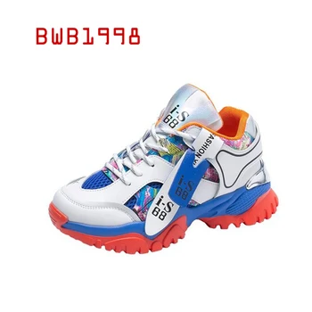 

BWB Women Platform Chunky Sneakers 5cm High Lace-up Vulcanize Shoes Luxury Designer Female Fashion Colorblock Shoes Sneakers
